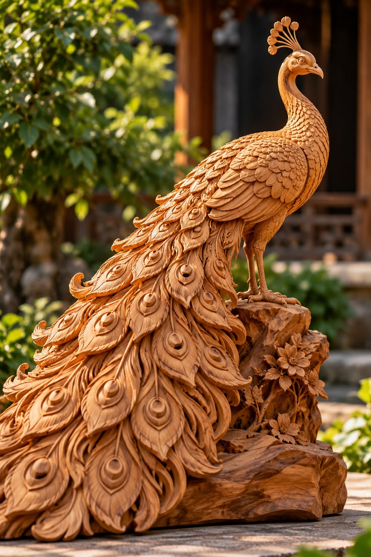 Kadam Wood Carved Peacock